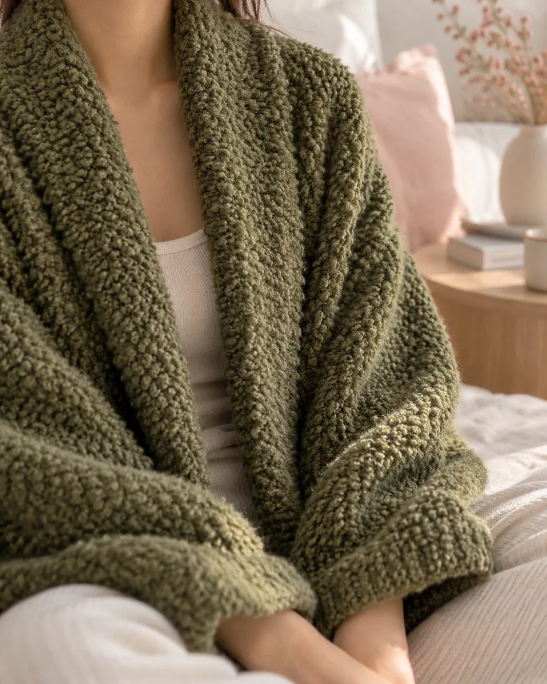 The Cherish Company — Oversized Bouclé Shawl-Collar Cardigan in Olive green