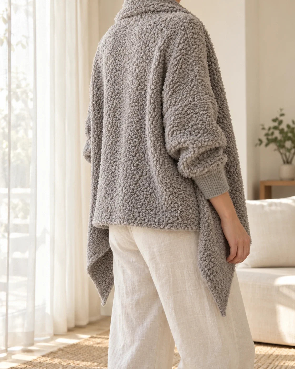 The Cherish Company — Oversized Bouclé Shawl-Collar Cardigan in Light Grey