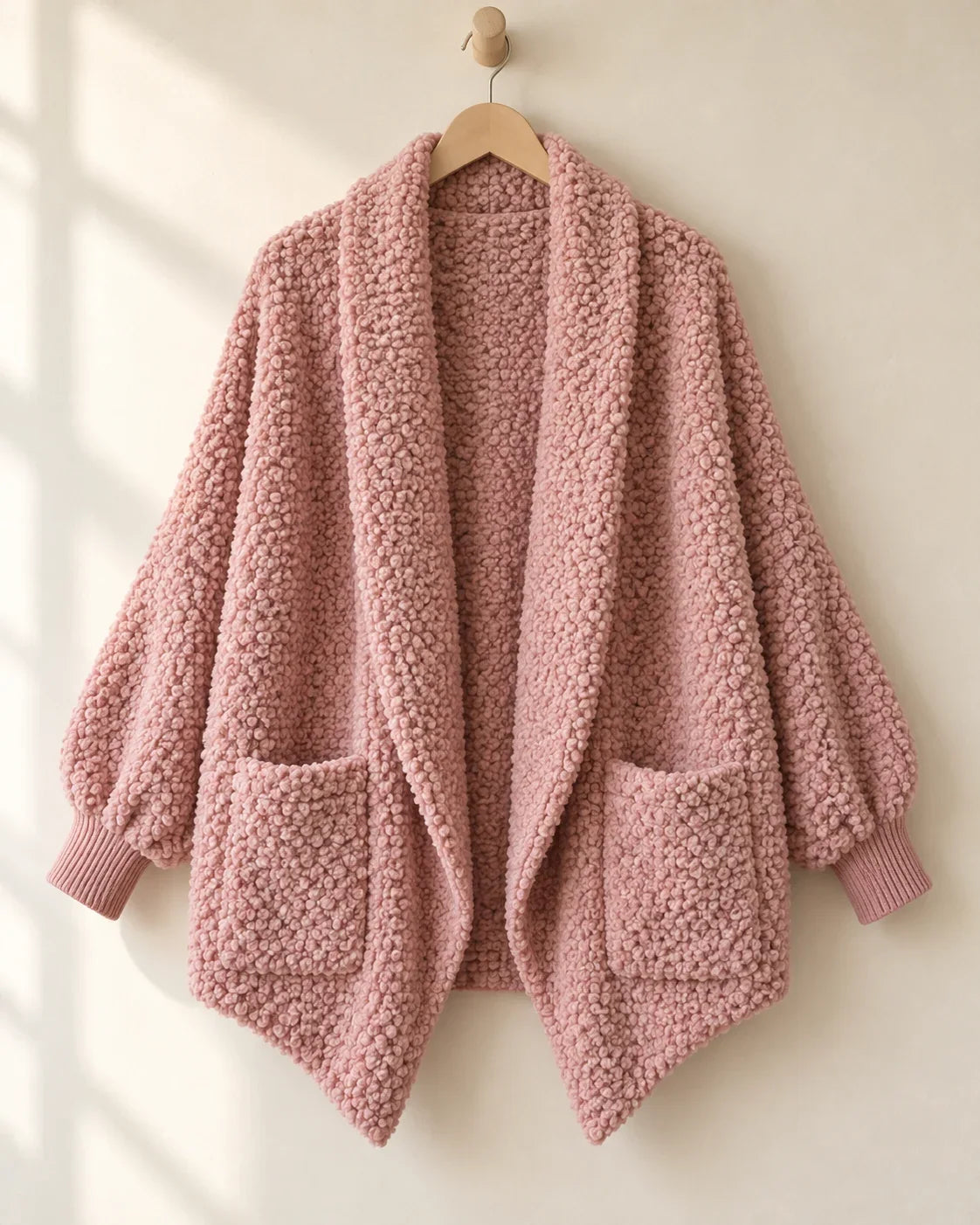 The Cherish Company — Oversized Bouclé Shawl-Collar Cardigan in Pink
