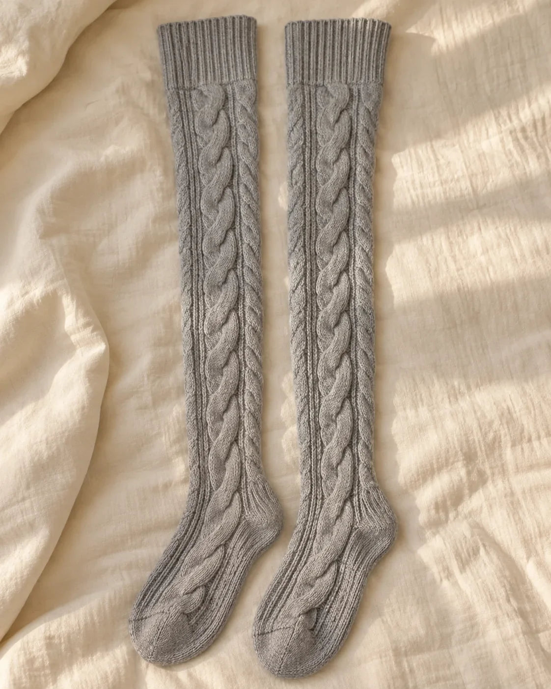 The Cherish Company — Over-Knee Stockings in Chunky Cable Knit in Grey