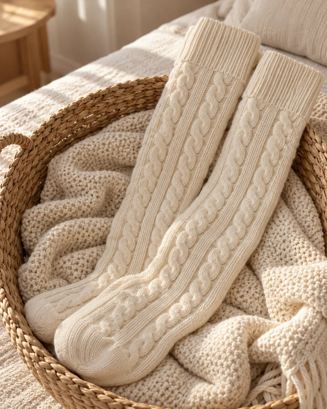The Cherish Company — Over-Knee Stockings in Chunky Cable Knit in White