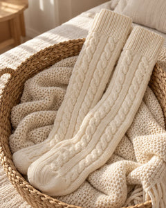 The Cherish Company — Over-Knee Stockings in Chunky Cable Knit in White