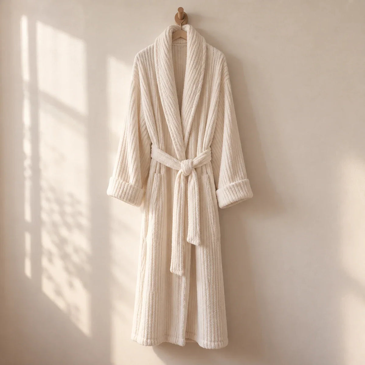 The Cherish Company — Long Ribbed Plush Knit Robe with Tie Belt in White