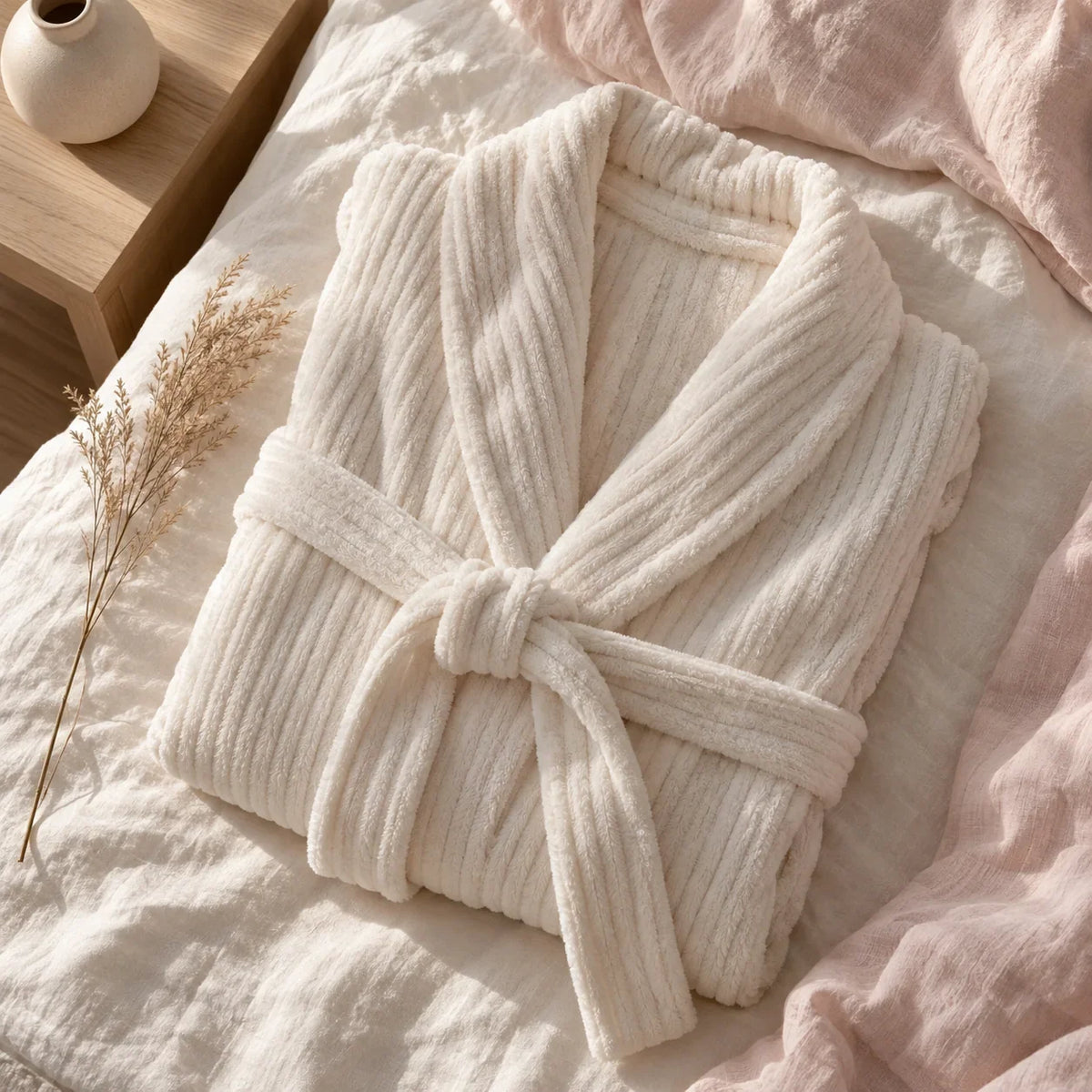 The Cherish Company — Long Ribbed Plush Knit Robe with Tie Belt in White