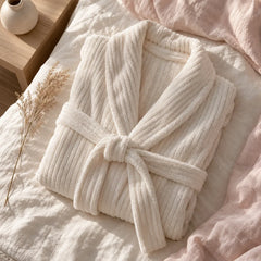 The Cherish Company — Long Ribbed Plush Knit Robe with Tie Belt in White