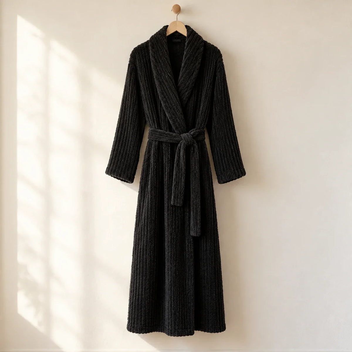 The Cherish Company — Long Ribbed Plush Knit Robe with Tie Belt in Black