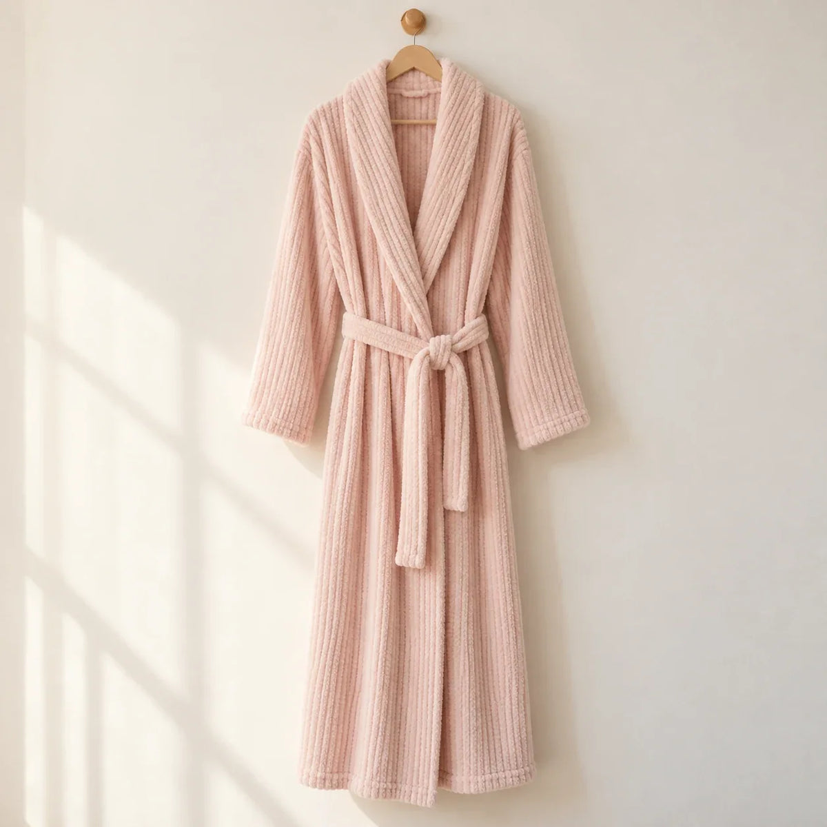 The Cherish Company — Long Ribbed Plush Knit Robe with Tie Belt in Pink