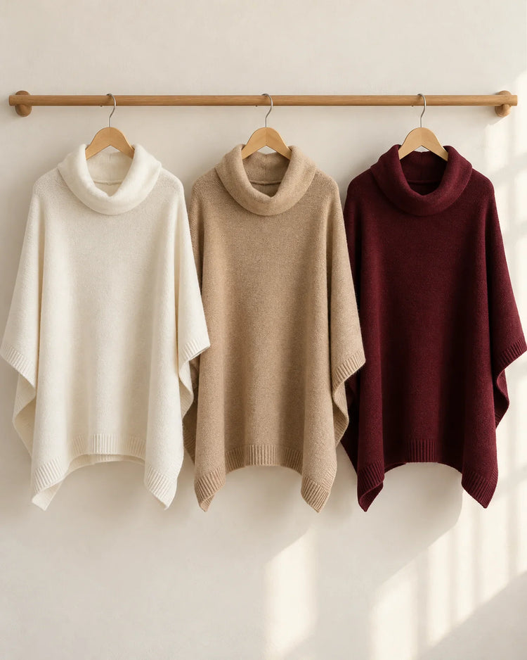 The Cherish Company — Cowl-Neck Knit Fleece Poncho in White, Khaki, Wine Red