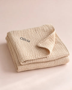 The Cherish Company — Personalized Muslin Blanket with Custom Lettering in Dune