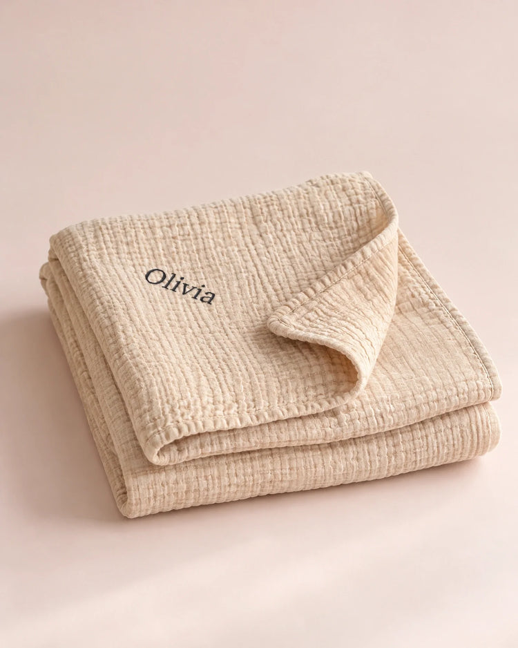 The Cherish Company — Personalized Muslin Blanket with Custom Lettering in Dune