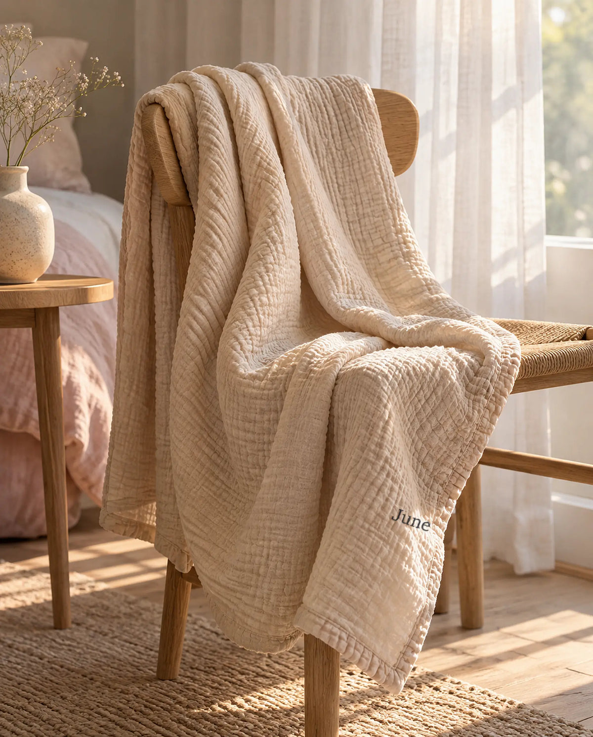 The Cherish Company — Personalized Muslin Blanket with Custom Lettering in Dune