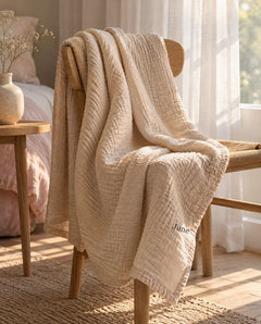 The Cherish Company — Personalized Muslin Blanket with Custom Lettering in Dune