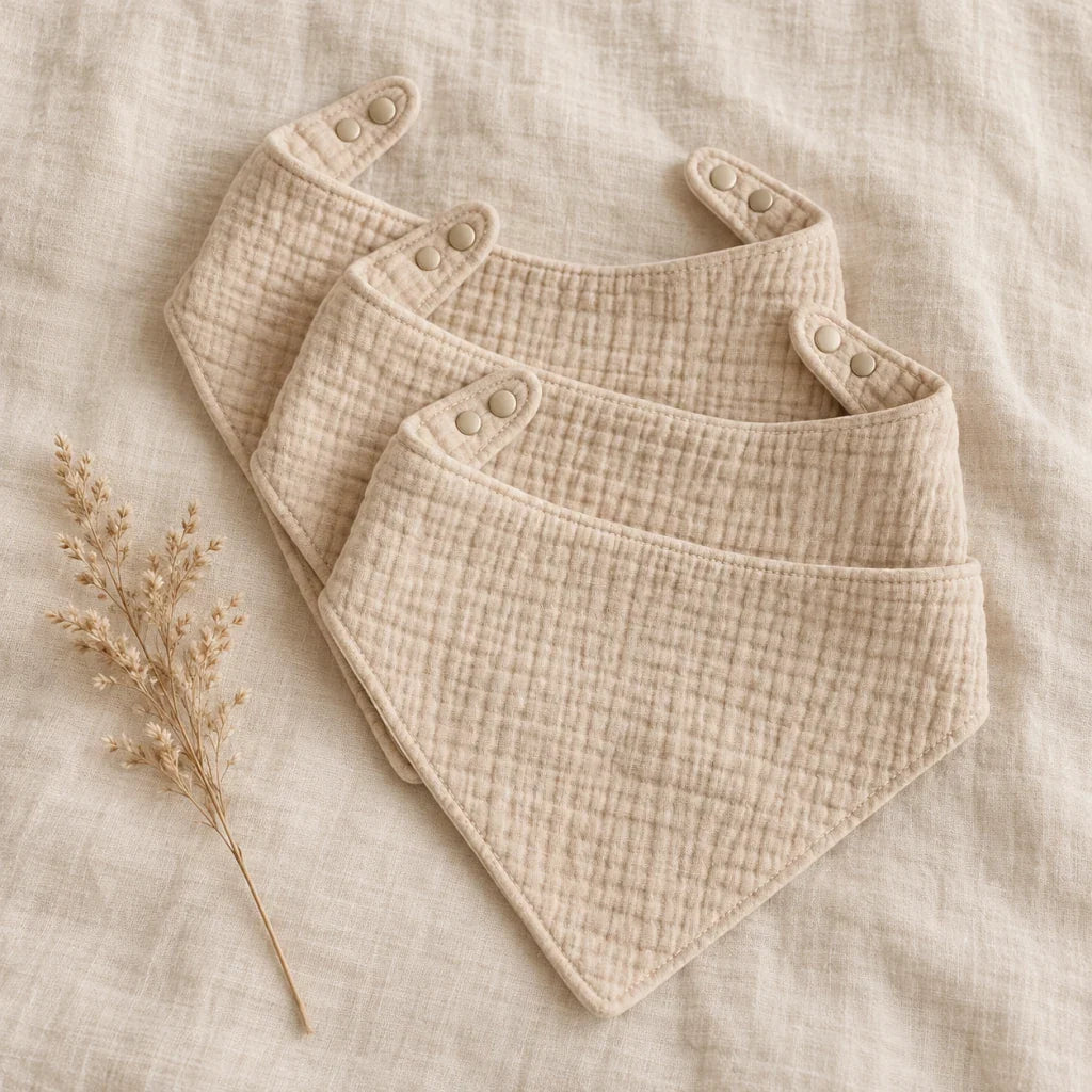 The Cherish Company — Ten-Pack Snap-On Muslin Bibs in Beige