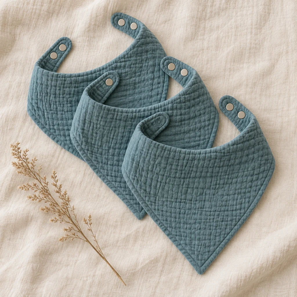 The Cherish Company — Ten-Pack Snap-On Muslin Bibs in Blue