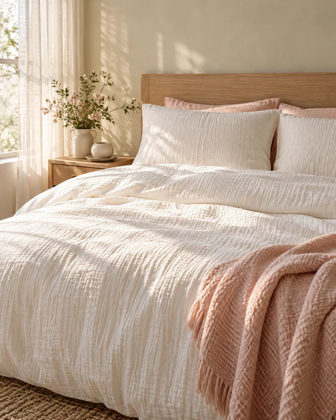 The Cherish Company — Two-Layer Muslin Duvet Cover and Fitted Sheet Set in White