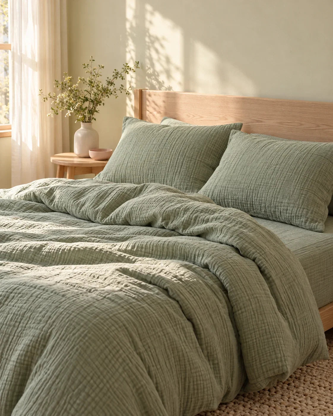 The Cherish Company — Two-Layer Muslin Duvet Cover and Fitted Sheet Set in Green