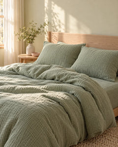 The Cherish Company — Two-Layer Muslin Duvet Cover and Fitted Sheet Set in Green