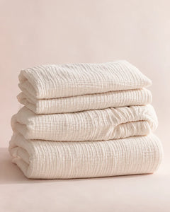 The Cherish Company — Two-Layer Muslin Duvet Cover and Fitted Sheet Set in White