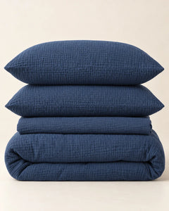 The Cherish Company — Two-Layer Muslin Duvet Cover and Fitted Sheet Set in Blue