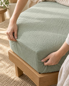 The Cherish Company — Two-Layer Muslin Duvet Cover and Fitted Sheet Set in Green