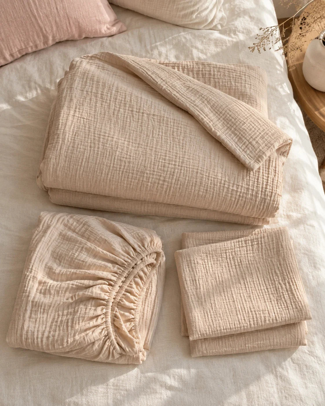 The Cherish Company — Two-Layer Muslin Duvet Cover and Fitted Sheet Set in Dune