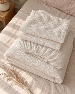 The Cherish Company — Two-Layer Muslin Duvet Cover and Fitted Sheet Set in White