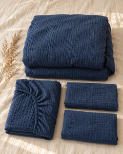 The Cherish Company — Two-Layer Muslin Duvet Cover and Fitted Sheet Set in Blue
