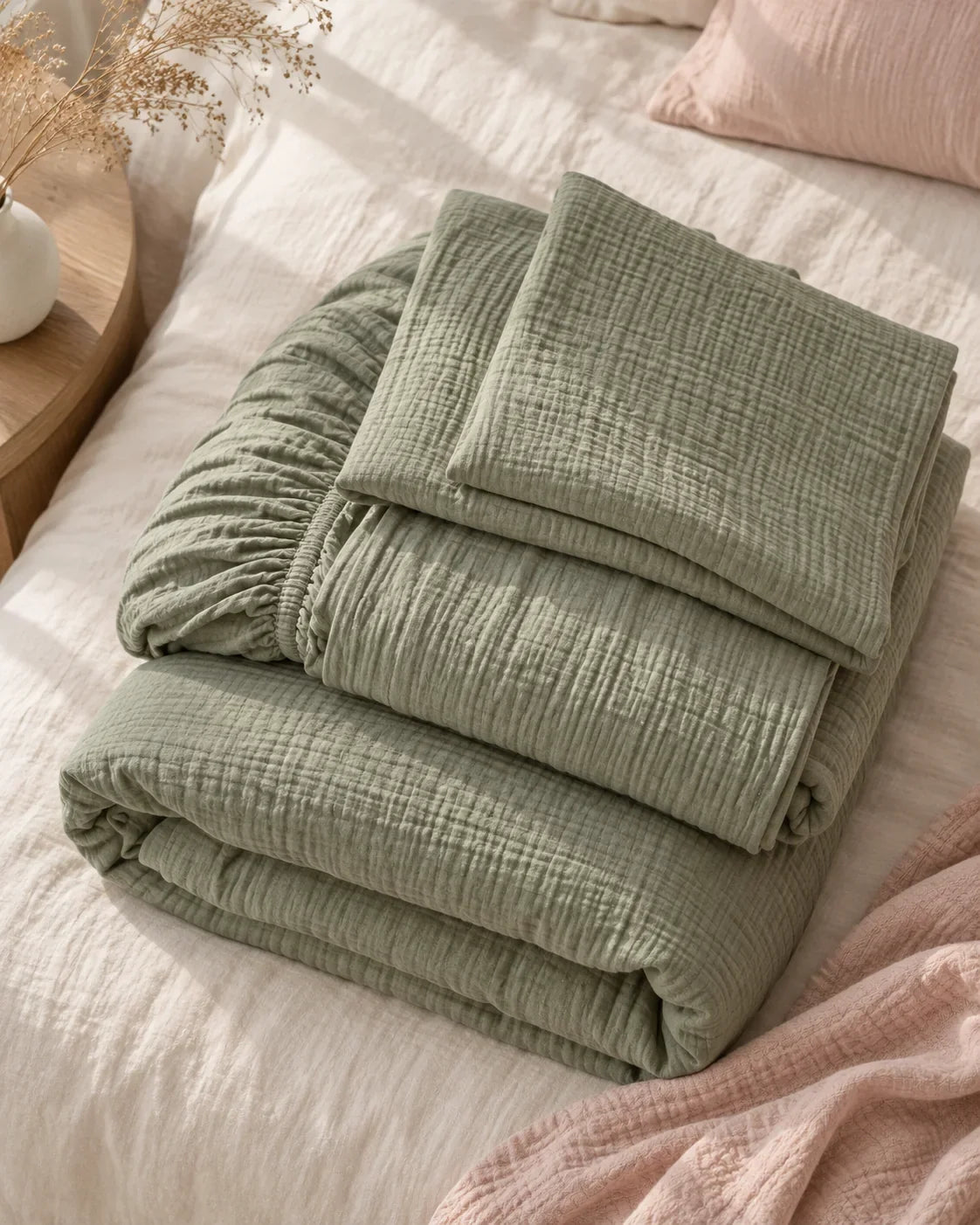 The Cherish Company — Two-Layer Muslin Duvet Cover and Fitted Sheet Set in Green