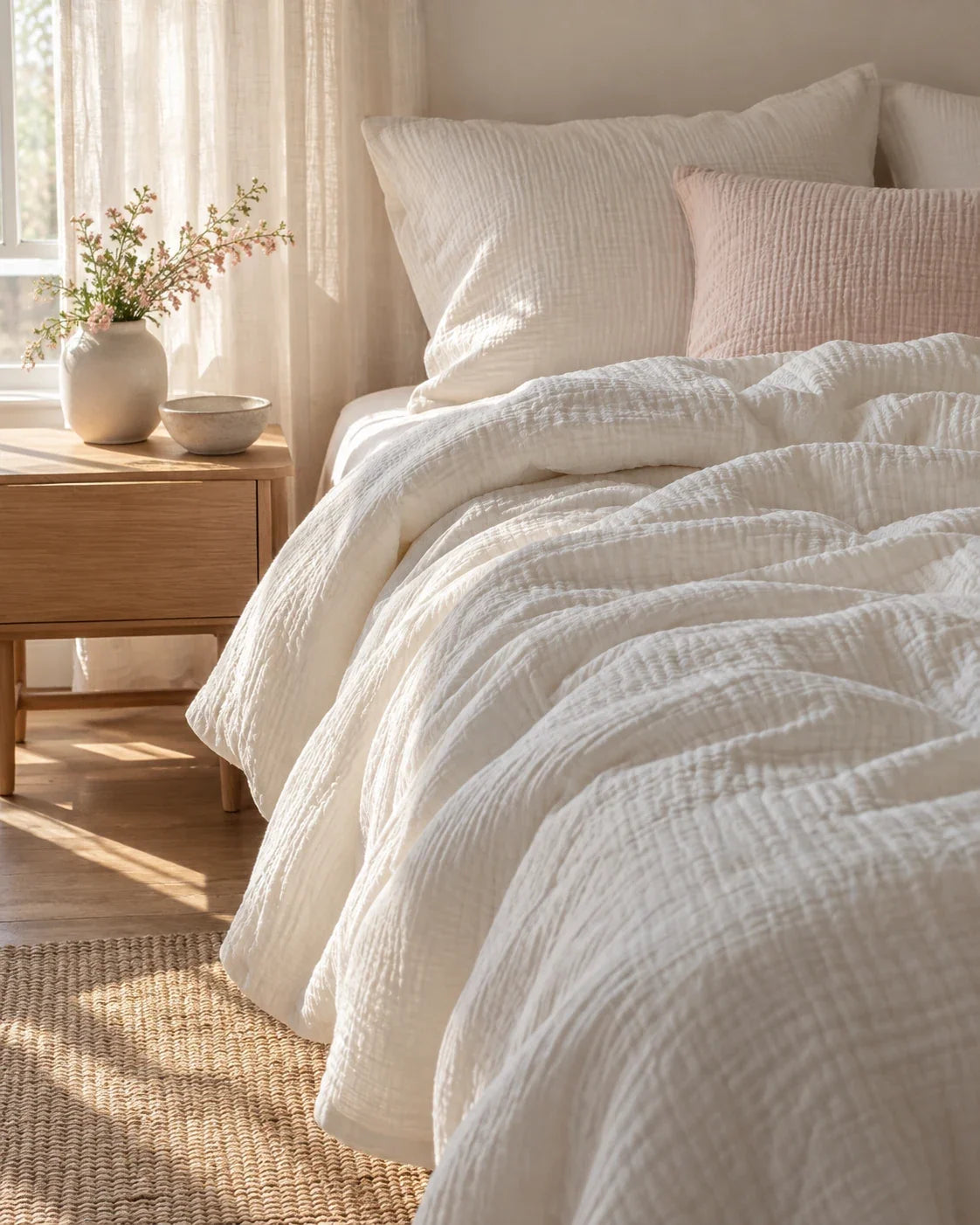 The Cherish Company — Two-Layer Muslin Duvet Cover and Fitted Sheet Set in White