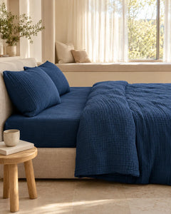 The Cherish Company — Two-Layer Muslin Duvet Cover and Fitted Sheet Set in Blue