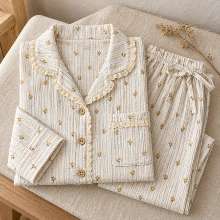 The Cherish Company — Floral Print Relaxed Muslin Pajamas in Sunpetal Stripes