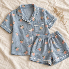 The Cherish Company — Peach Print Short-Sleeve Muslin Pajamas in Blue