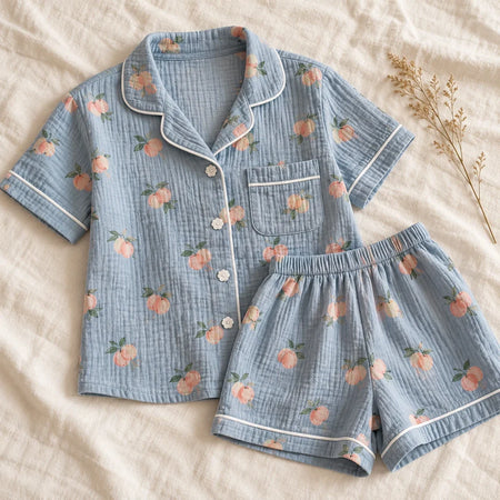The Cherish Company — Peach Print Short-Sleeve Muslin Pajamas in Blue