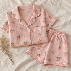 The Cherish Company — Peach Print Short-Sleeve Muslin Pajamas in Pink