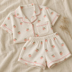 The Cherish Company — Peach Print Short-Sleeve Muslin Pajamas in White