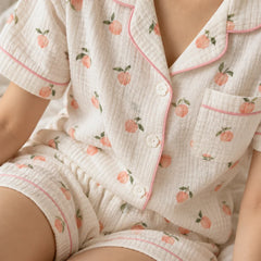 The Cherish Company — Peach Print Short-Sleeve Muslin Pajamas in White
