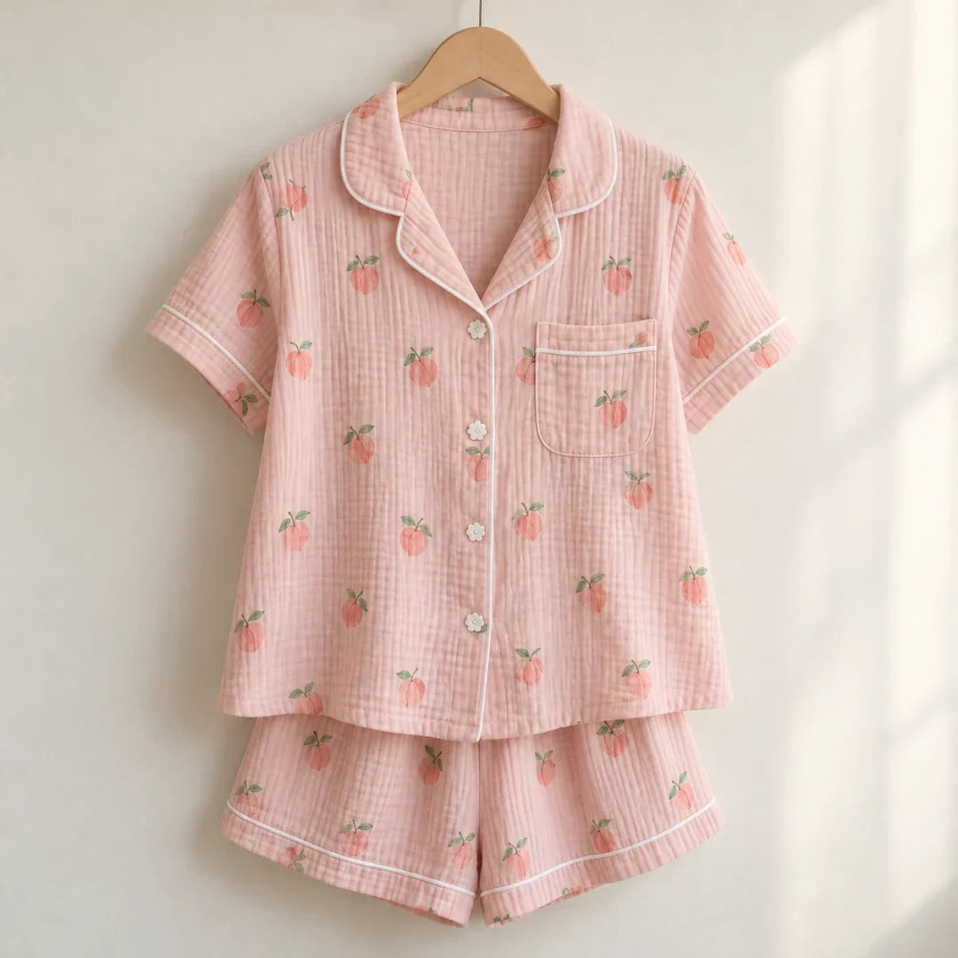 The Cherish Company — Peach Print Short-Sleeve Muslin Pajamas in Pink