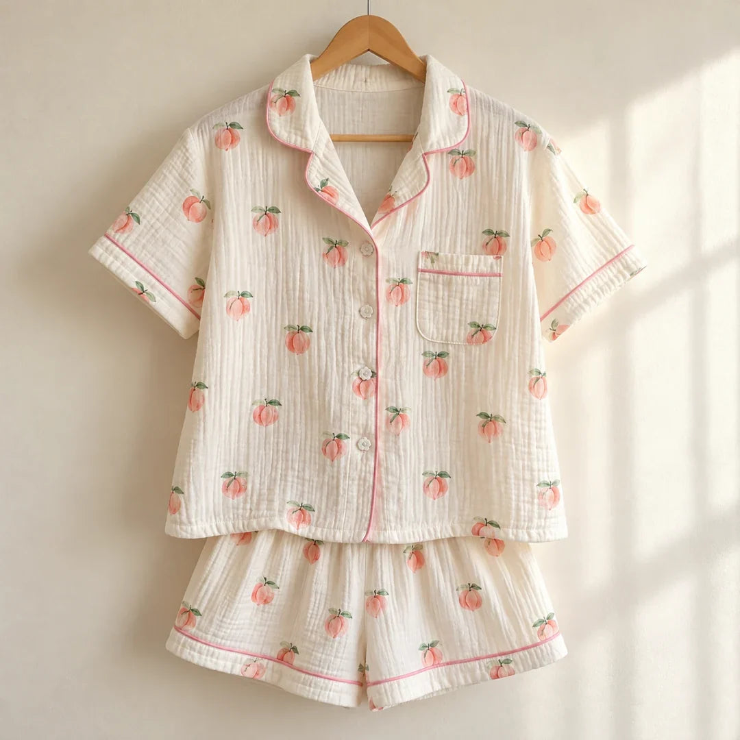 The Cherish Company — Peach Print Short-Sleeve Muslin Pajamas in White