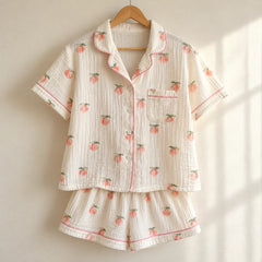 The Cherish Company — Peach Print Short-Sleeve Muslin Pajamas in White