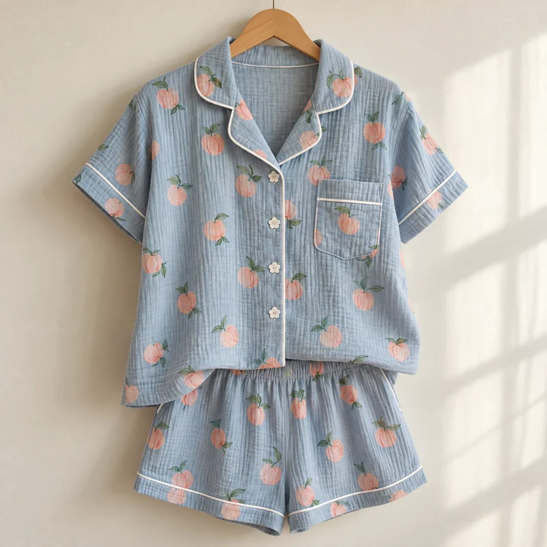 The Cherish Company — Peach Print Short-Sleeve Muslin Pajamas in Blue