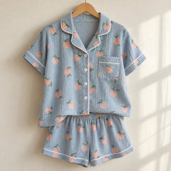 The Cherish Company — Peach Print Short-Sleeve Muslin Pajamas in Blue