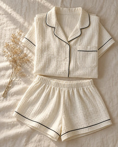 The Cherish Company — Collared Muslin Shorts Pajama Set in White