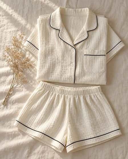 The Cherish Company — Collared Muslin Shorts Pajama Set in White