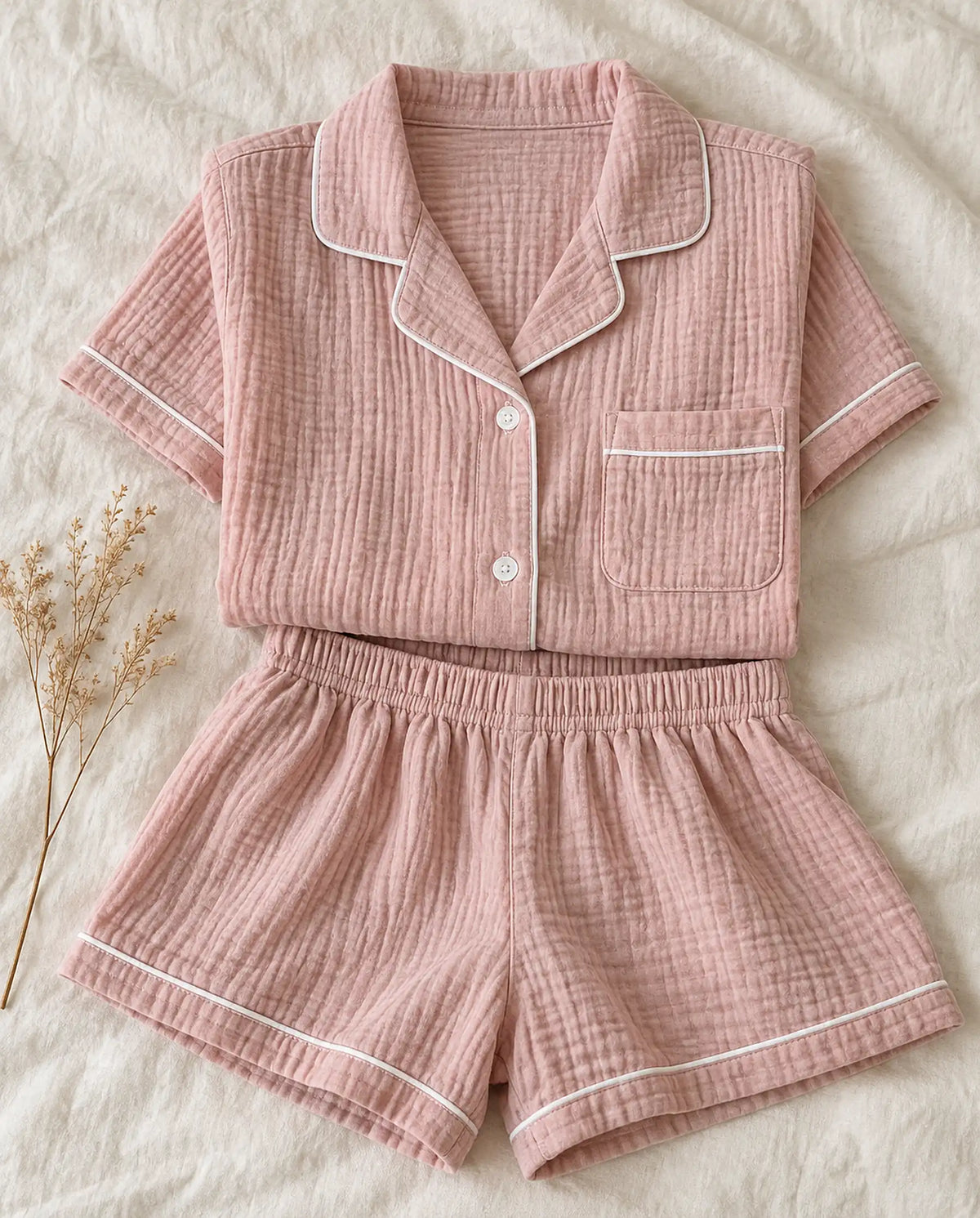 The Cherish Company — Collared Muslin Shorts Pajama Set in Pink