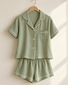 The Cherish Company — Collared Muslin Shorts Pajama Set in Light Green