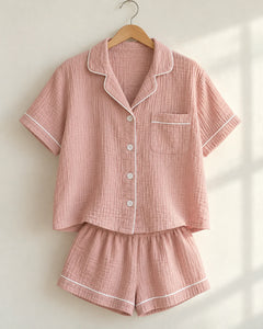 The Cherish Company — Collared Muslin Shorts Pajama Set in Pink