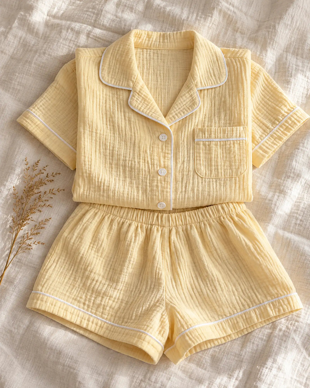 The Cherish Company — Collared Muslin Shorts Pajama Set in Yellow