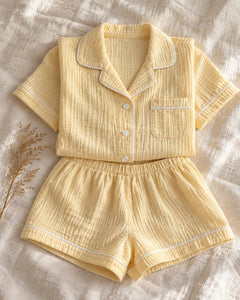 The Cherish Company — Collared Muslin Shorts Pajama Set in Yellow