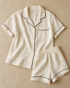 The Cherish Company — Collared Muslin Shorts Pajama Set in White