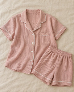 The Cherish Company — Collared Muslin Shorts Pajama Set in Pink